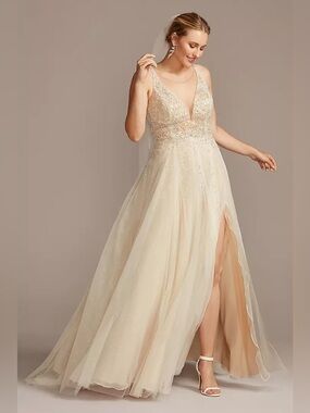 Galina Signature New Plunging V Illusion Wedding Gown In Ivory Champagne Sz 22W